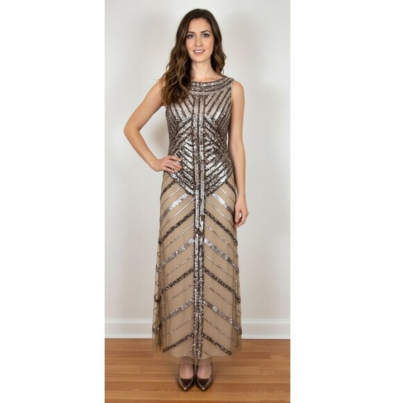 Adrianna Papell Linear Beaded Gown, Antique Copper, Womens Size 2 - Picture 1 of 6